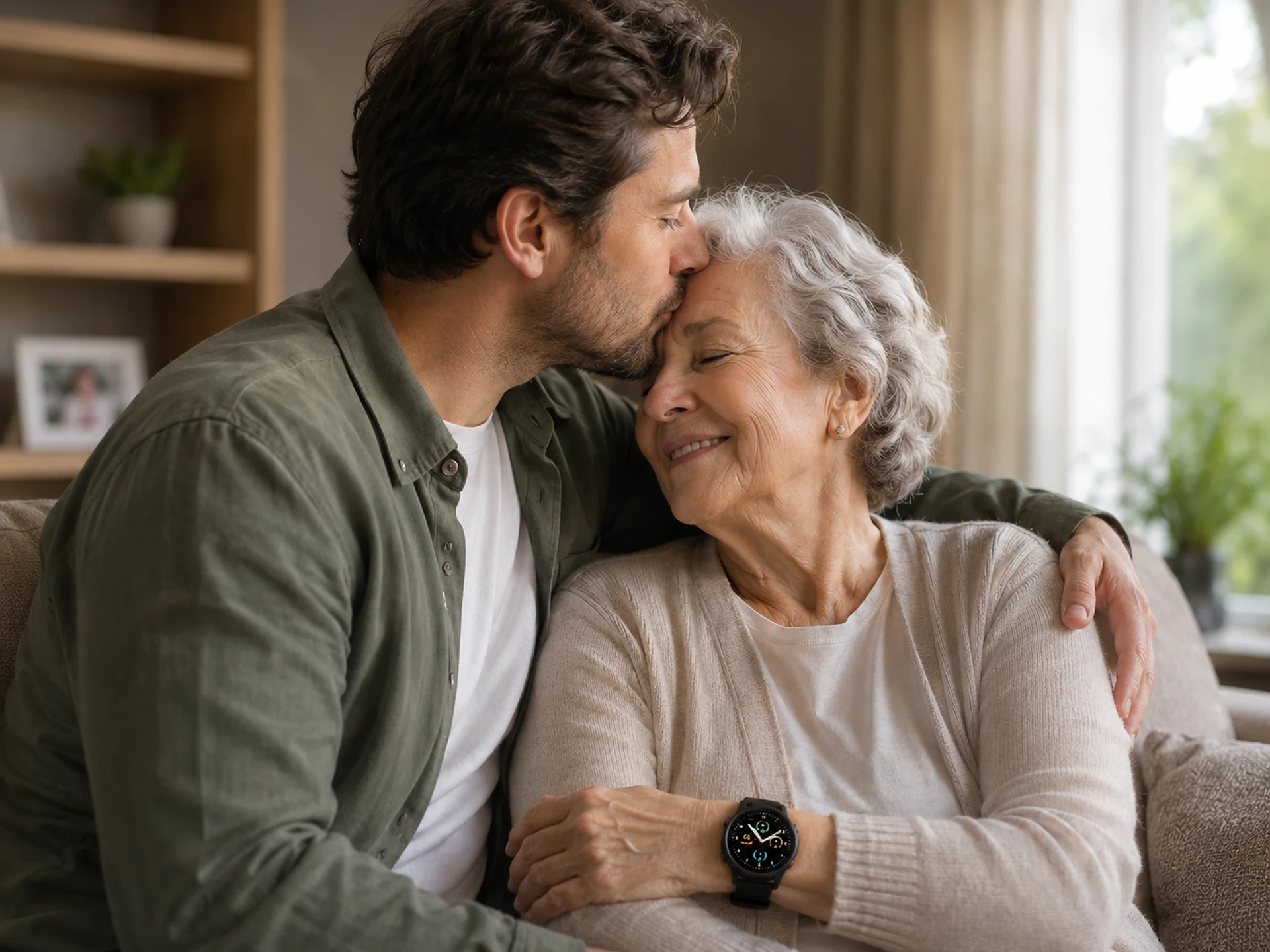 Figlio che abbraccia la madre, che indossa l'orologio OpemCare